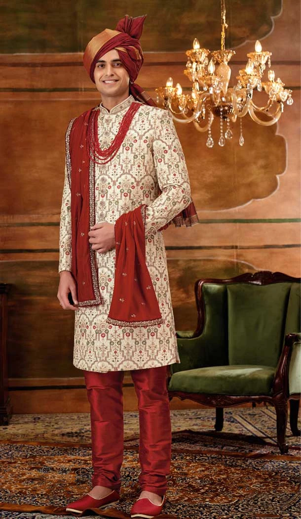 Wedding Wear Art Embroidered Silk Wedding Wear Plus Size Men's Sherwani In Cream Color -4677156654