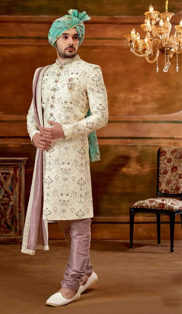Wedding Wear Art Silk Embroidery Work Plus Size Men's Sherwani In Stunning Cream Color -4677156658