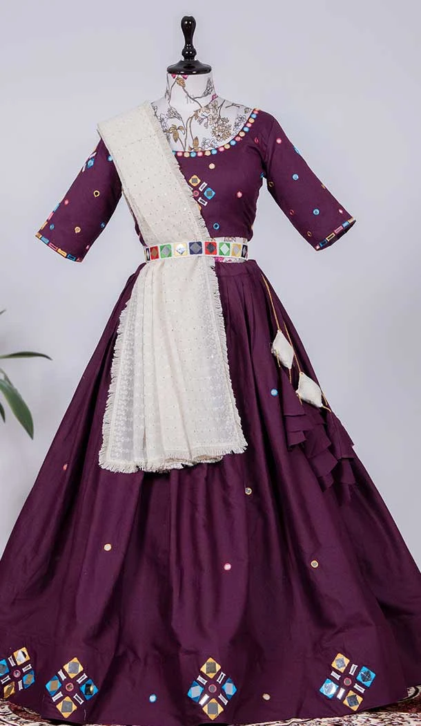 Dark Purple Color Cotton Original Mirror Hand Work Designer Function Wear Fancy Lehenga Choli -4704156852