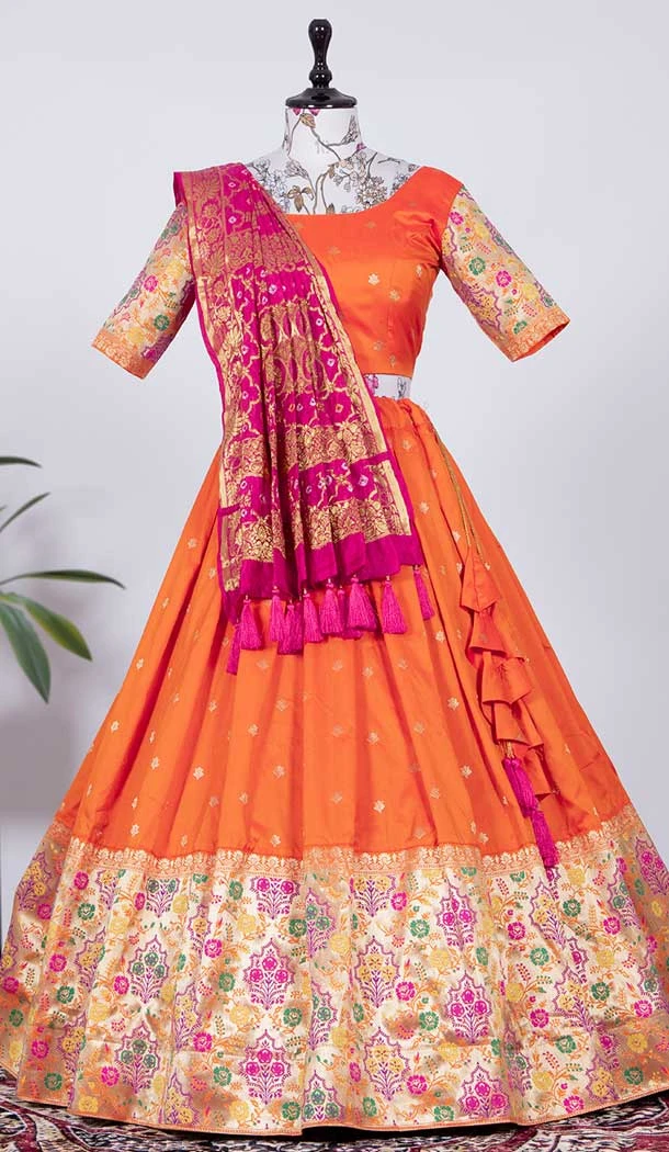 Orange Color Jacquard Silk Weaving Zari Work Designer Function Wear Lehenga Choli -4704156859