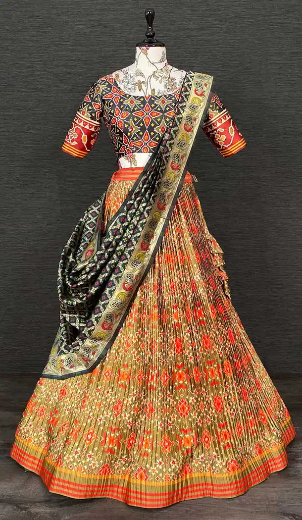 Mustard Color Zari Satin Patola Print Work Party Function Wear Lehenga Choli -4705156860