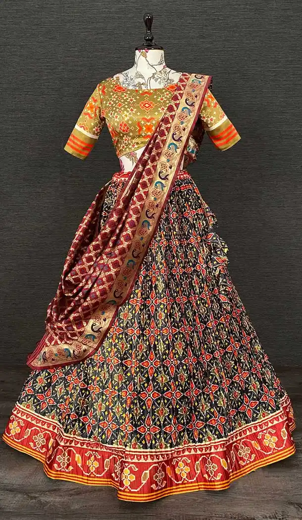 Multi Color Zari Satin Patola Print Work Party Function Wear Lehenga Choli -4705156861