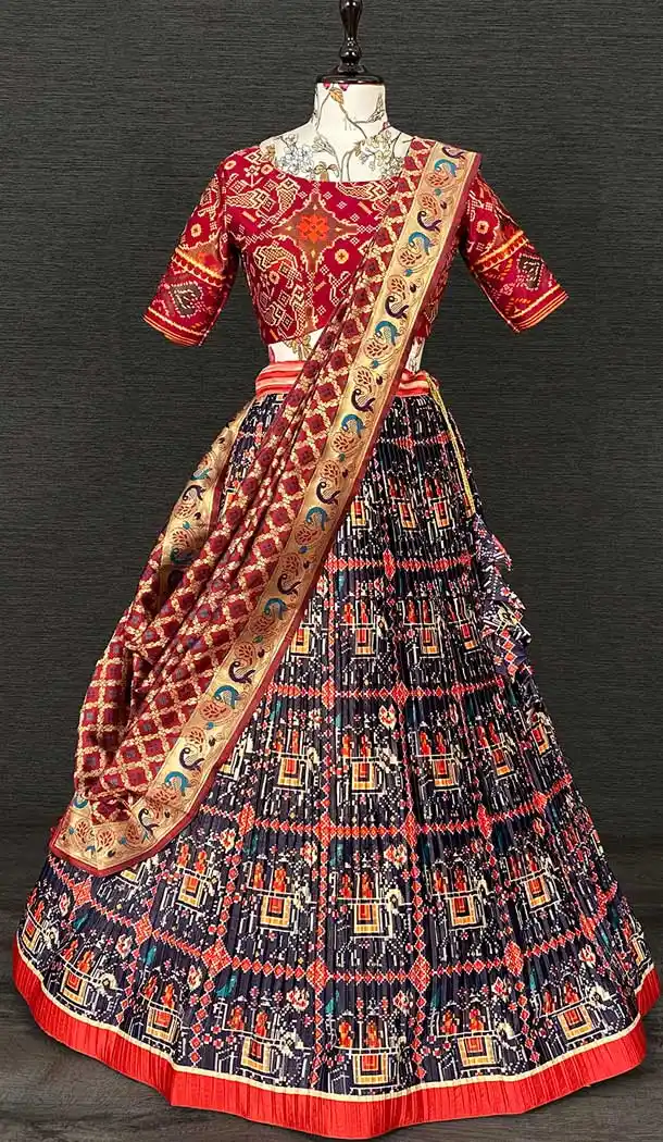 Navy Blue Color Zari Satin Patola Print Work Party Function Wear Lehenga Choli -4705156862