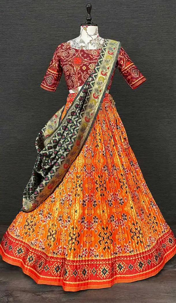 Orange Color Zari Satin Patola Print Work Party Function Wear Lehenga Choli -4705156863