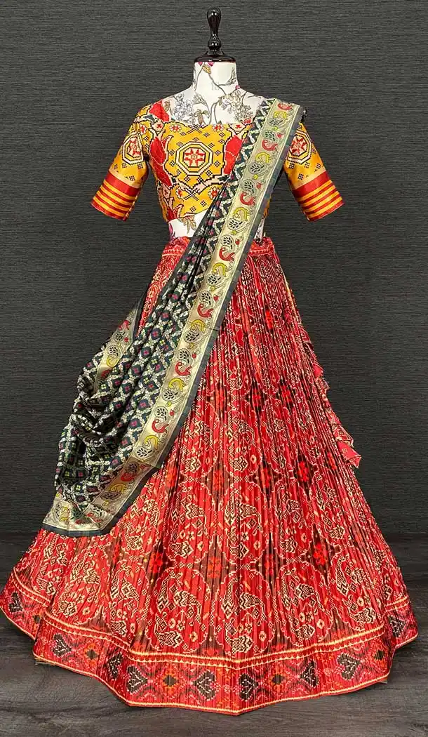 Red Color Zari Satin Patola Print Work Party Function Wear Lehenga Choli -4705156864