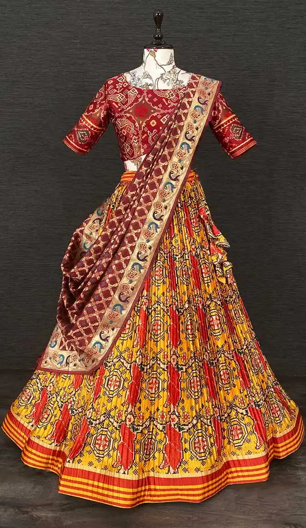 Fire Brick Color Zari Satin Patola Print Work Party Function Wear Lehenga Choli -4705156865