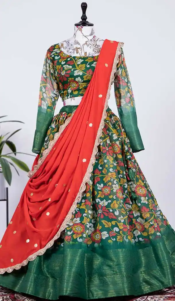 Green Color Soft Cotton Printed Work Party Function Wear Lehenga Choli -4705156868