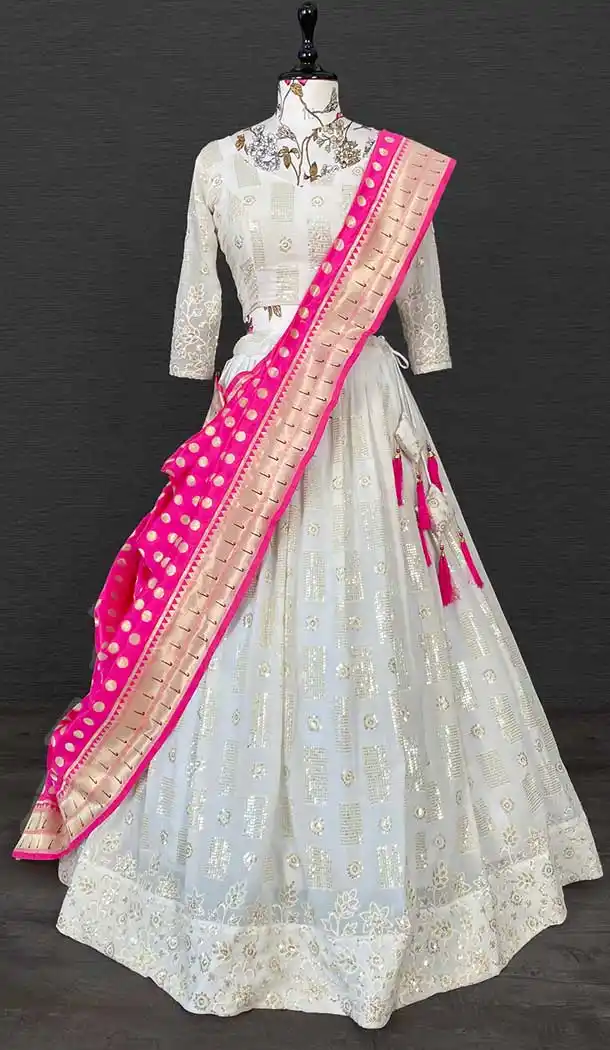 White Color Georgette Sequins & Thread Embroidery Work Party Function Wear Lehenga Choli -4705156872