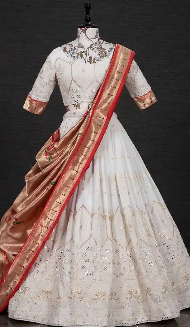 White And Red Georgette Lucknowi Sequins Work Party Function Wear Lehenga Choli -4705156873