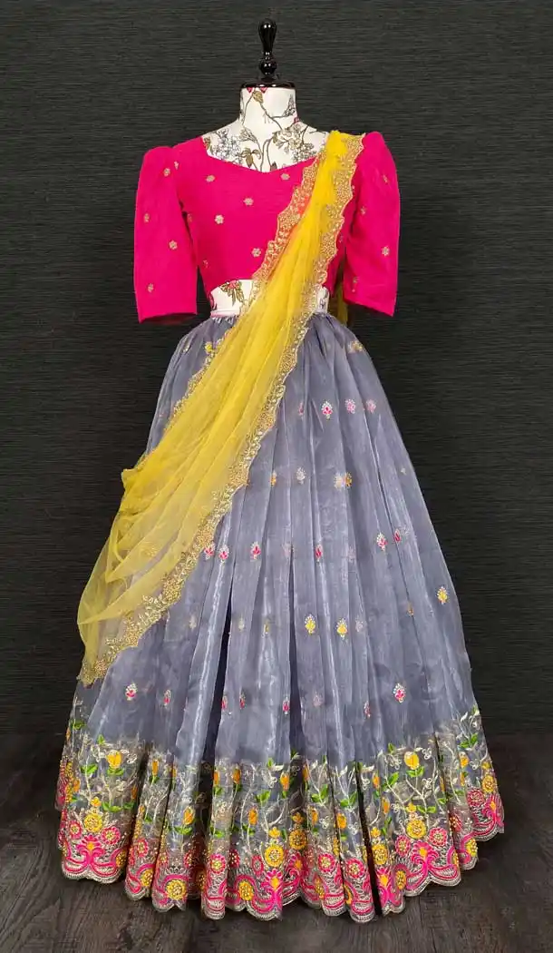 Grey Color Organza Embroidery Cut And Stone Work Party Function Wear Lehenga Choli -4705156875