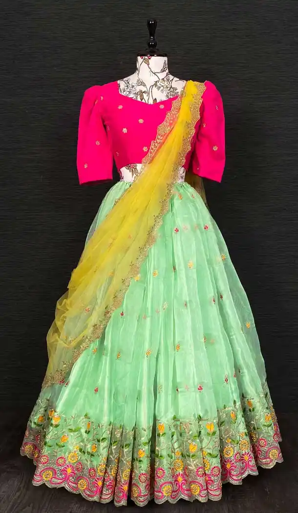 Pista Green Color Organza Embroidery Cut And Stone Work Party Function Wear Lehenga Choli -4705156876