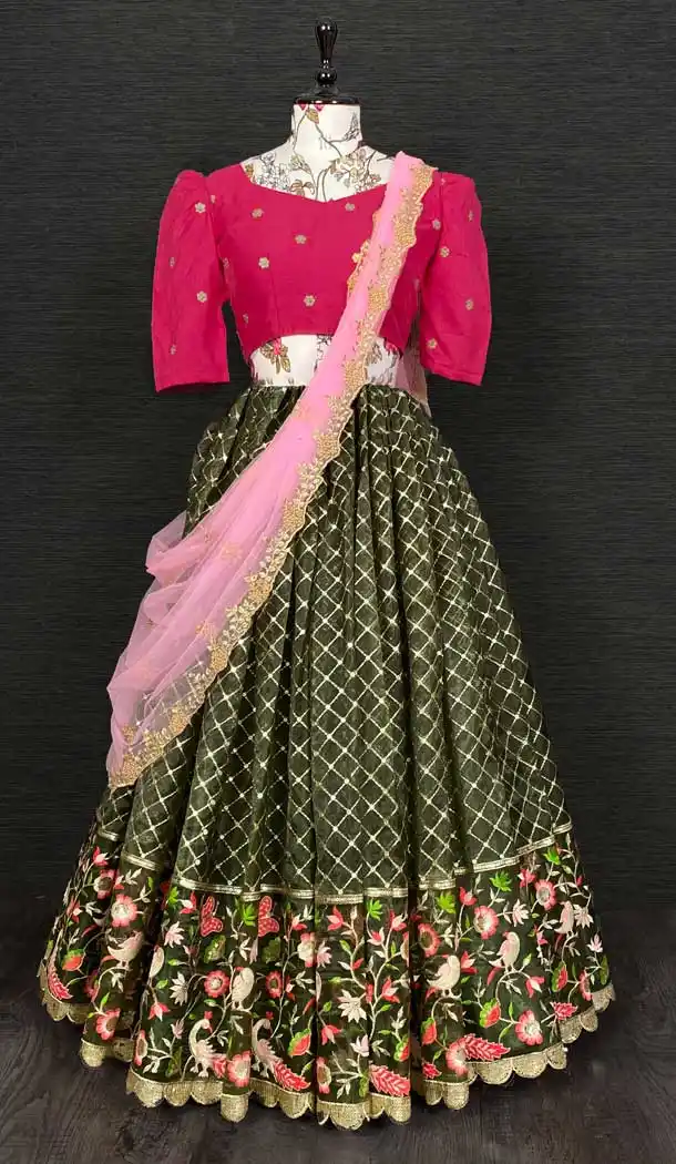 Green Color Organza Sequins & Thread Emboridery Cut Work Party Function Wear Lehenga Choli -4705156878