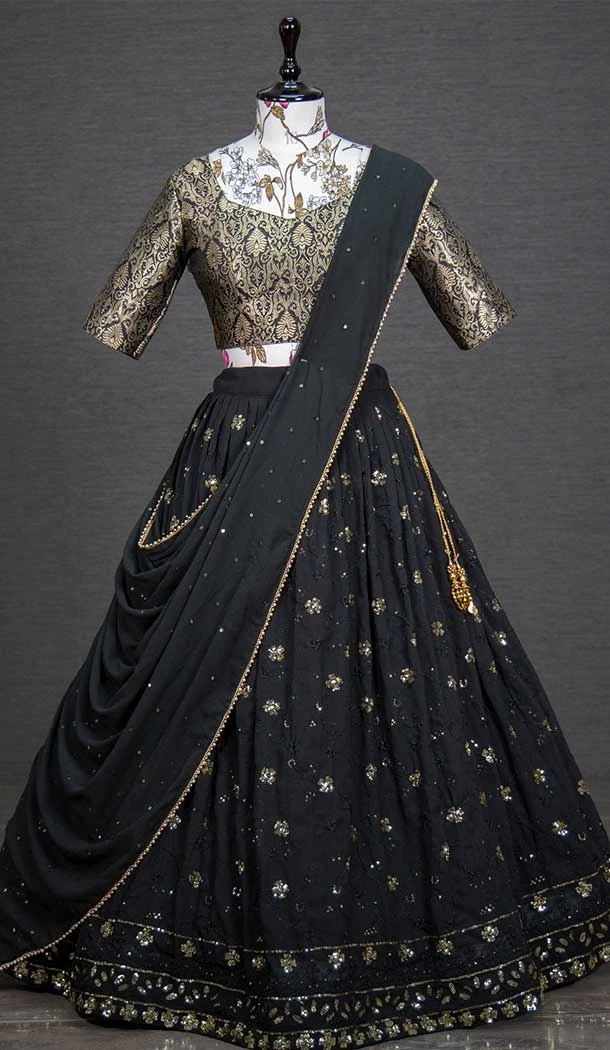 Black Color Georgette Sequins & Thread Embroidery Work Party Function Wear Lehenga Choli -4705156882