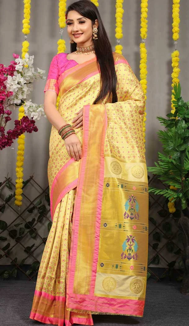 Lemon Yellow Color Jacquard Work Banarasi Silk Wedding Wear Saree -4592155768
