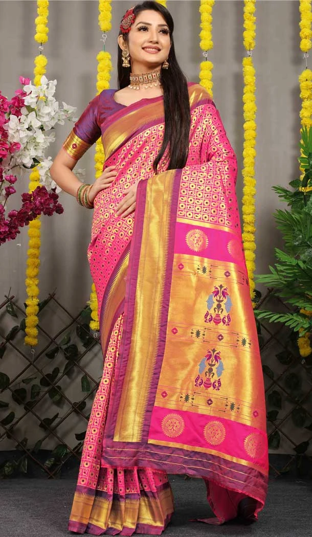 Pink Color Jacquard Work Banarasi Silk Wedding Wear Saree -4592155773