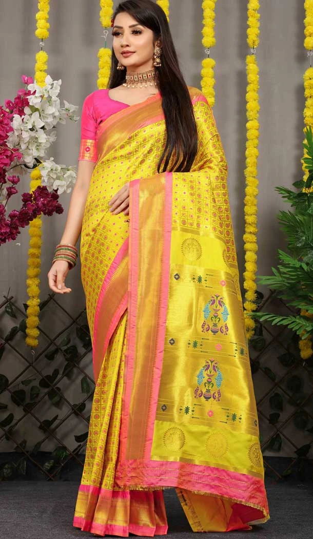 Yellow Color Jacquard Work Banarasi Silk Wedding Wear Saree -4592155775