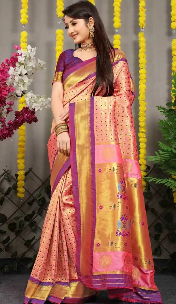 Baby Pink Color Jacquard Work Banarasi Silk Wedding Wear Saree -4592155776