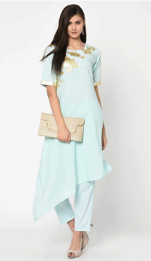 Sky Blue Color Crepe Foil Print Work Casual Wear Kurti With Pant -4692156741