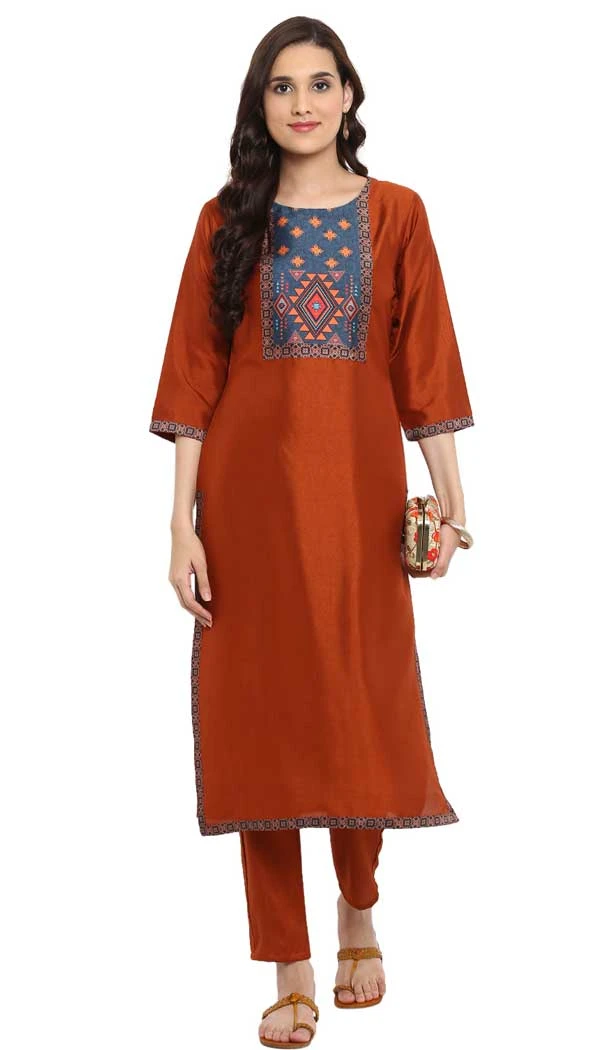 Rust Color Poly Silk Digital Print Work Casual Wear Kurti With Pant -4692156743