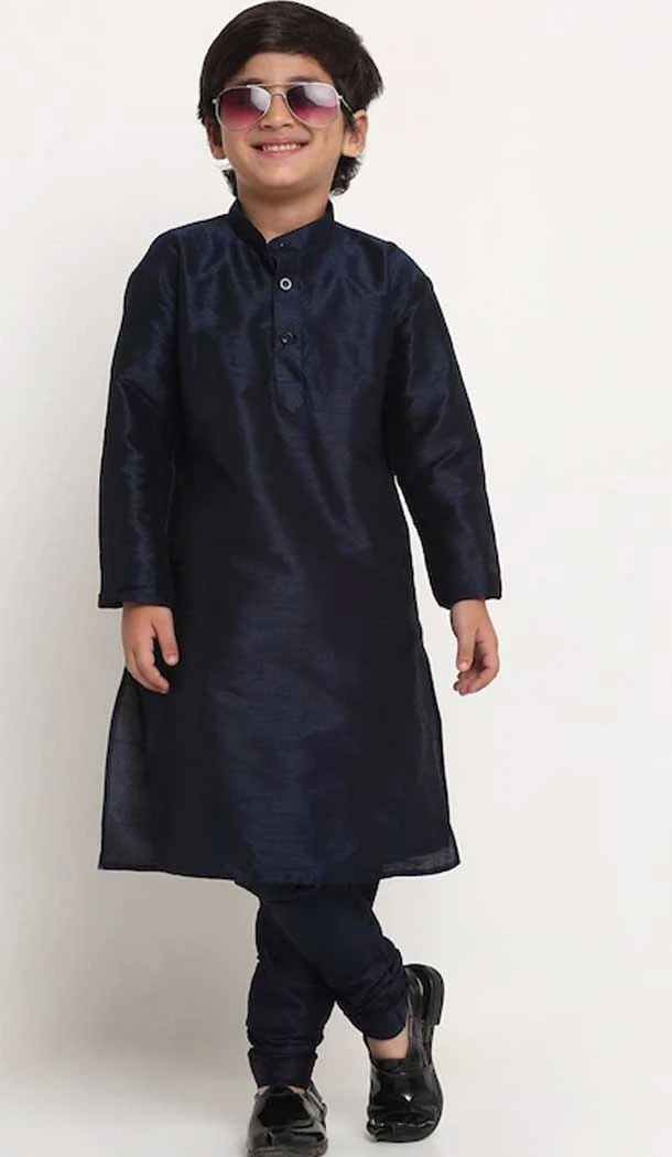 Navy Blue Color Dupion Silk Festival Wear Kids Boys Readymade Kurta Pajama -4694156769