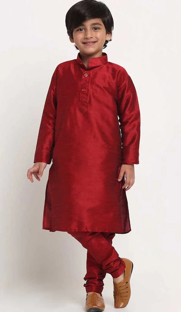 Maroon Color Dupion Silk Festival Wear Kids Boys Readymade Kurta Pajama -4694156770