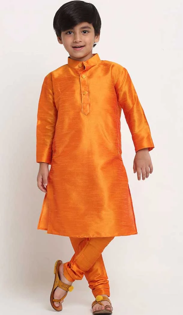 Mustard Color Dupion Silk Festival Wear Kids Boys Readymade Kurta Pajama -4694156778