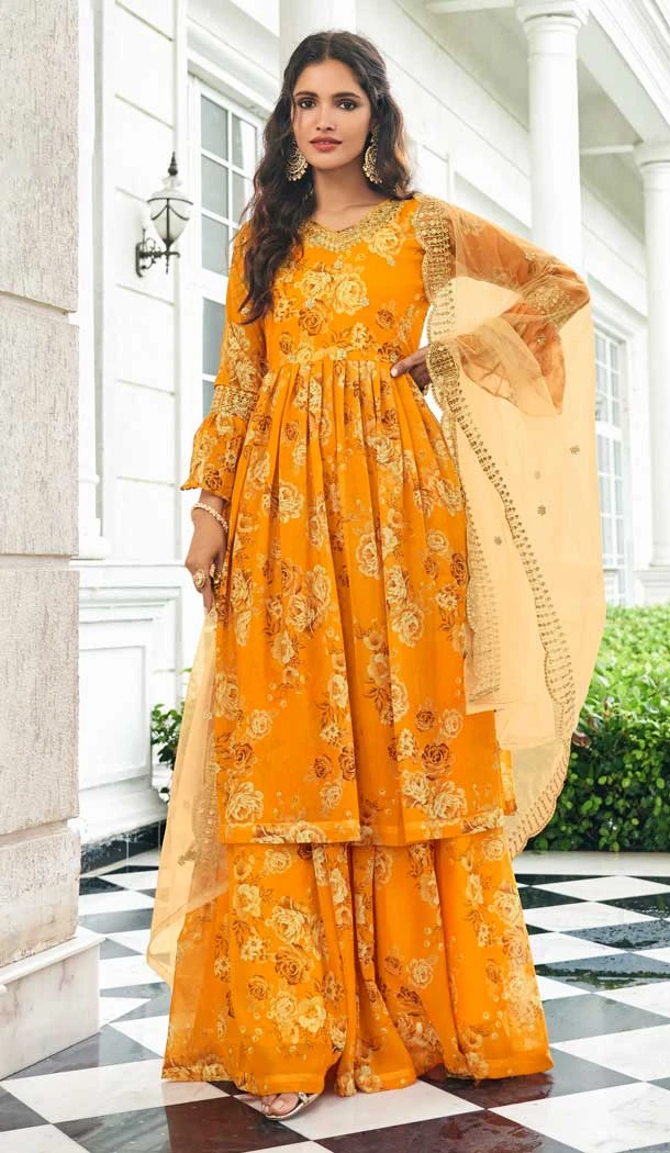Mustard Color Faux Georgette Embroidery Work Party Wear Palazzo Suit -4698156802