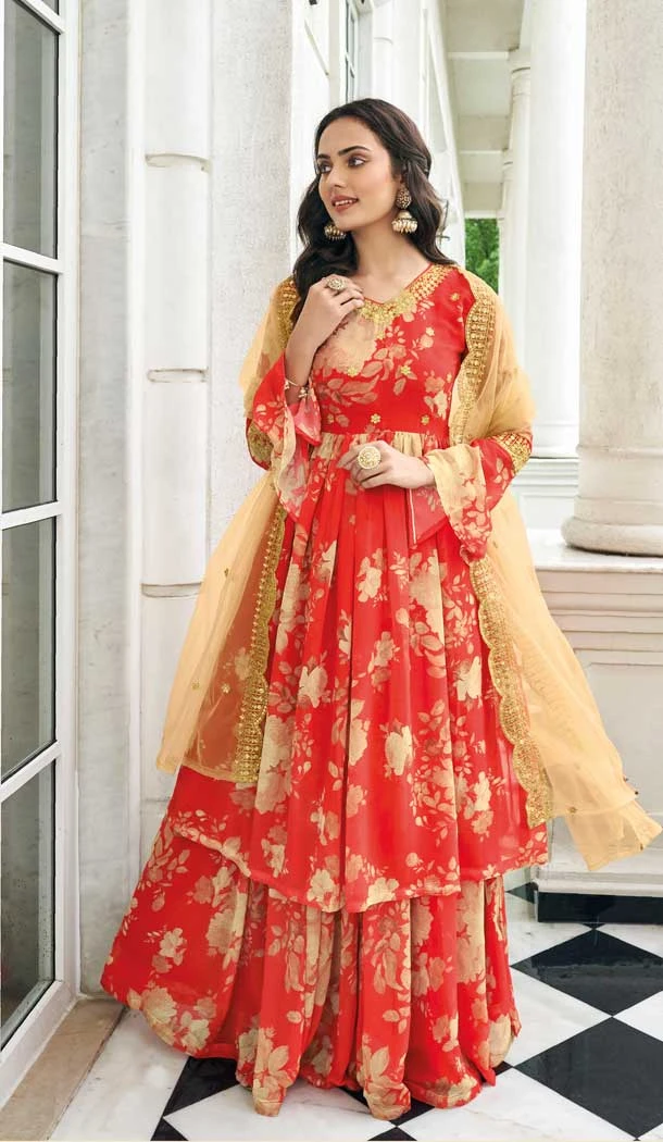 Red Color Faux Georgette Embroidery Work Party Wear Palazzo Suit -4698156803