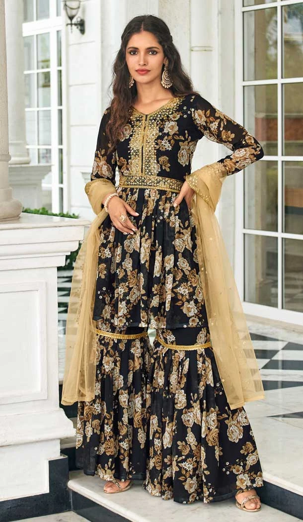 Black Color Faux Georgette Embroidery Work Party Wear Palazzo Suit -4698156804