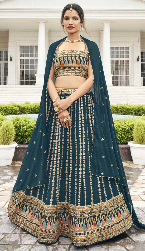 Teal Color Faux Georgette Embroidery Work Designer Party Wear Lehenga Choli -4699156805