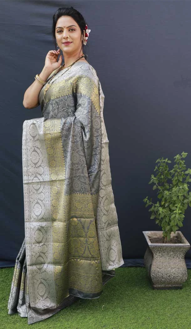 Traditional Wear Grey Color Banarasi Silk Jacquard Work Designer Saree -4706156885