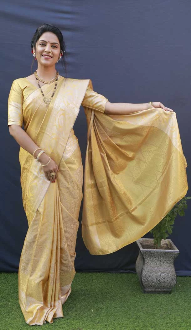 Traditional Wear Lemon Yellow Color Banarasi Silk Jacquard Work Designer Saree -4706156886