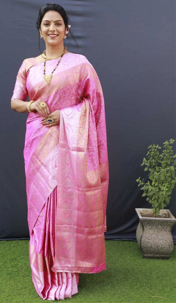 Traditional Wear Pink Color Banarasi Silk Jacquard Work Designer Saree -4706156887