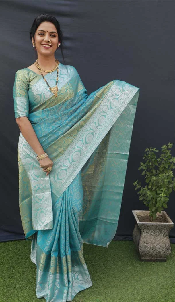 Traditional Wear Sky Blue Color Banarasi Silk Jacquard Work Designer Saree -4706156891