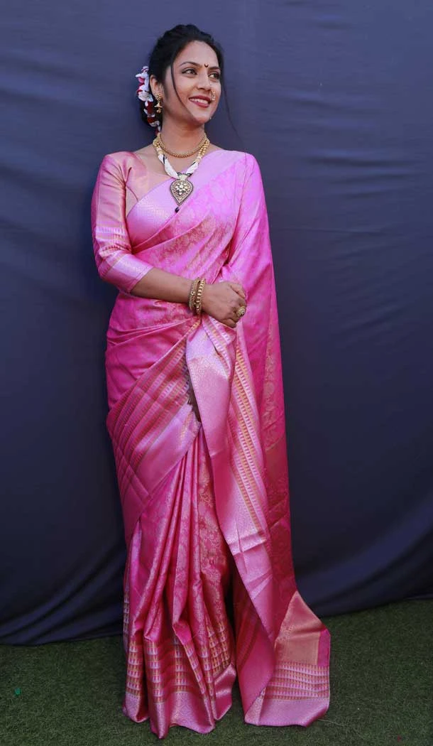 Light Pink Color Banarasi Silk Jacquard Work Traditional Wear Plus Size Saree -4707156898