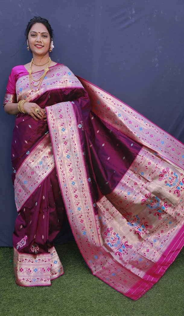 Party Wear Wine Color Jacquard Work Banarasi Silk Designer Saree -4708156901
