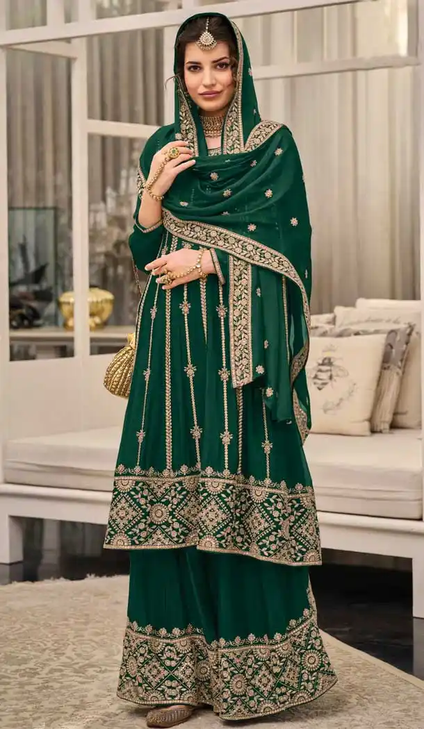 Green Color Georgette Heavy Embroidery Work Party Wear Palazzo Suit -4709156908