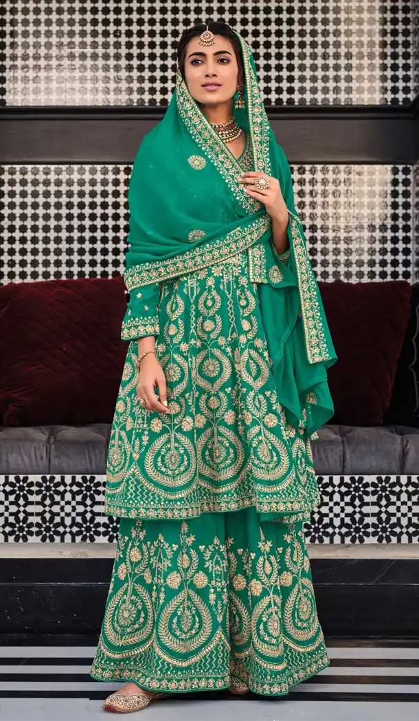 Rama Green Color Georgette Heavy Embroidery Work Party Wear Palazzo Suit -4709156909