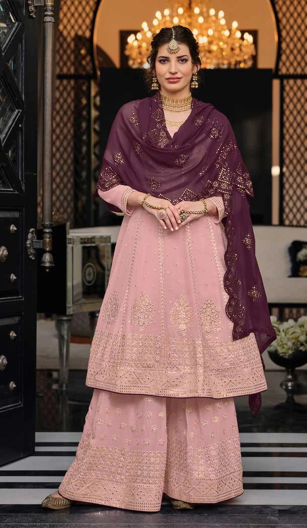 Light Pink Color Georgette Heavy Embroidery Work Party Wear Palazzo Suit -4709156910