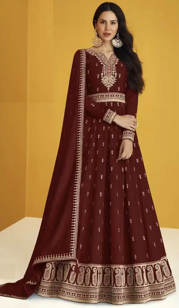 Adorable Brown Color Faux Georgette Embroidery Pakistani Style Anarkali Salwar Kameez -4710156912