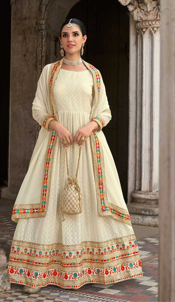 Light Cream Color Georgette Embroidery Designer Anarkali Salwar Kameez -4713156929