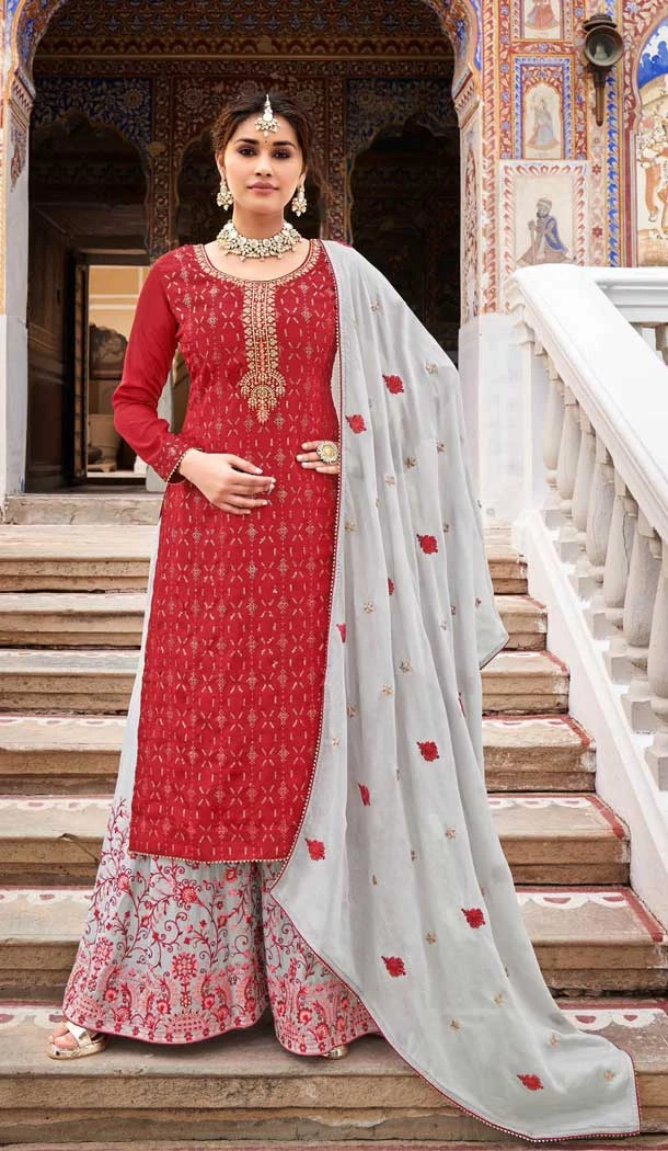 Heavy Chinon Thread Work Red Color Party Wear Palazzo Salwar Suit -4720156974