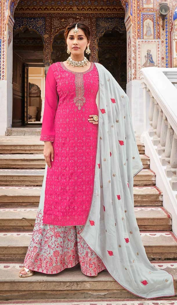 Heavy Chinon Thread Work Pink Color Party Wear Palazzo Salwar Suit -4720156975