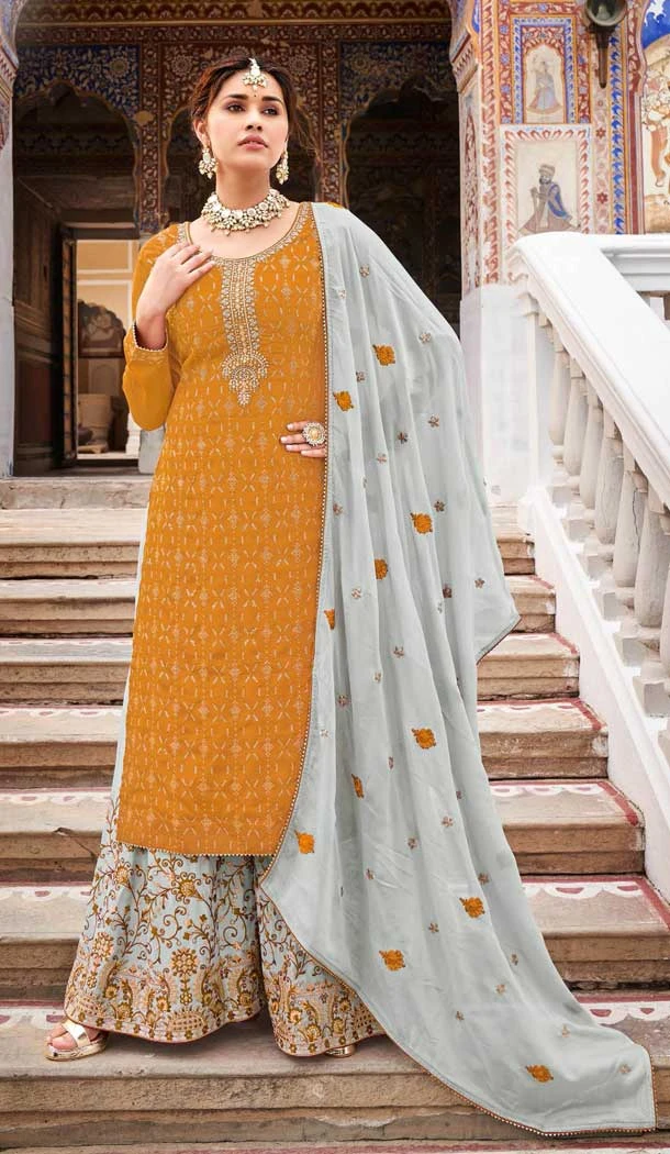 Heavy Chinon Thread Work Mustard Color Party Wear Palazzo Salwar Suit -4720156977