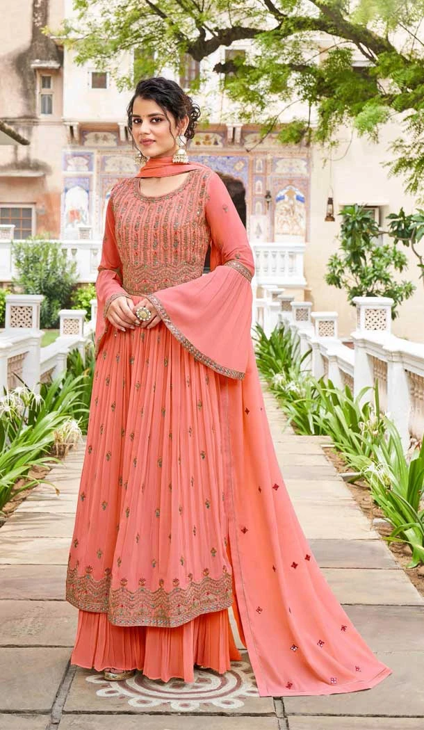 Heavy Georgette Embroidery Work Peach Pink Color Designer Palazzo Salwar Suit -4722156982