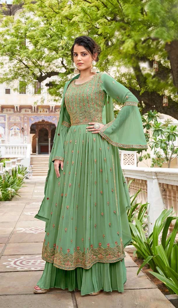 Heavy Georgette Embroidery Work Pista Green Color Designer Palazzo Salwar Suit -4722156984