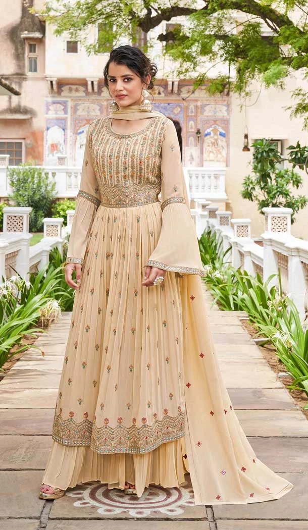 Heavy Georgette Embroidery Work Beige Color Designer Palazzo Salwar Suit -4722156985