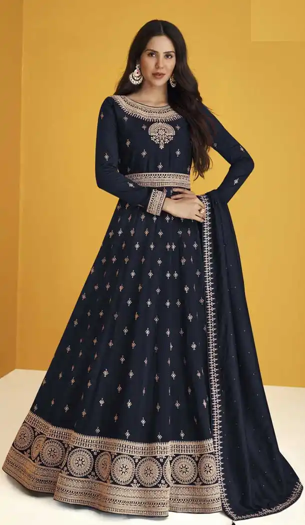 Navy Blue Color Embroidery Work Faux Georgette Anarkali Plus Size Salwar Kameez -4725157011