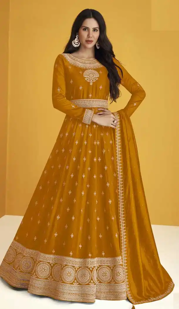 Mustard Color Embroidery Work Faux Georgette Anarkali Plus Size Salwar Kameez -4725157013