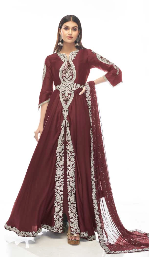 Maroon Color Swarovski Work Japanese Satin Designer Salwar Kameez -4727157025